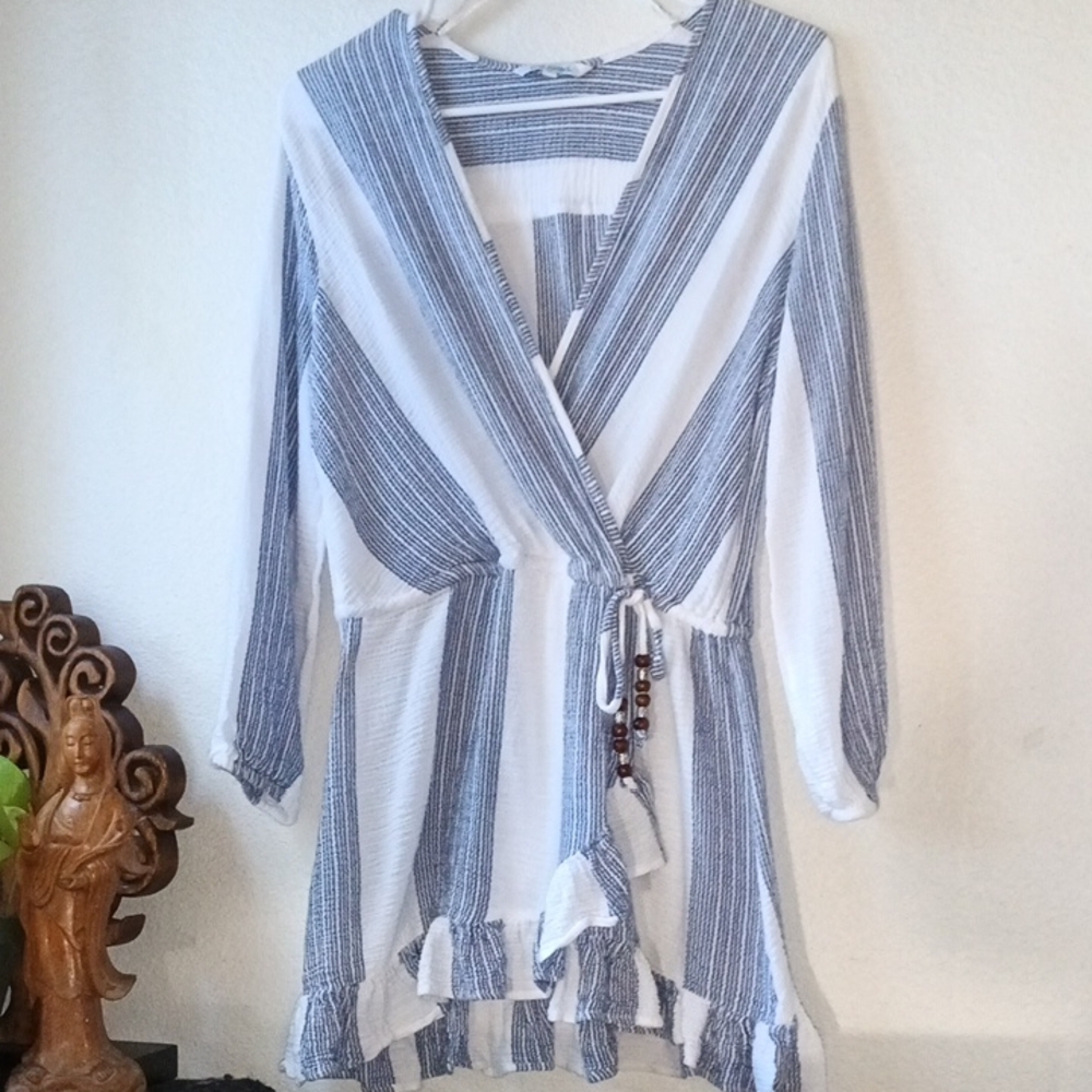 Striped Tie-Waist Coverup in White and Navy